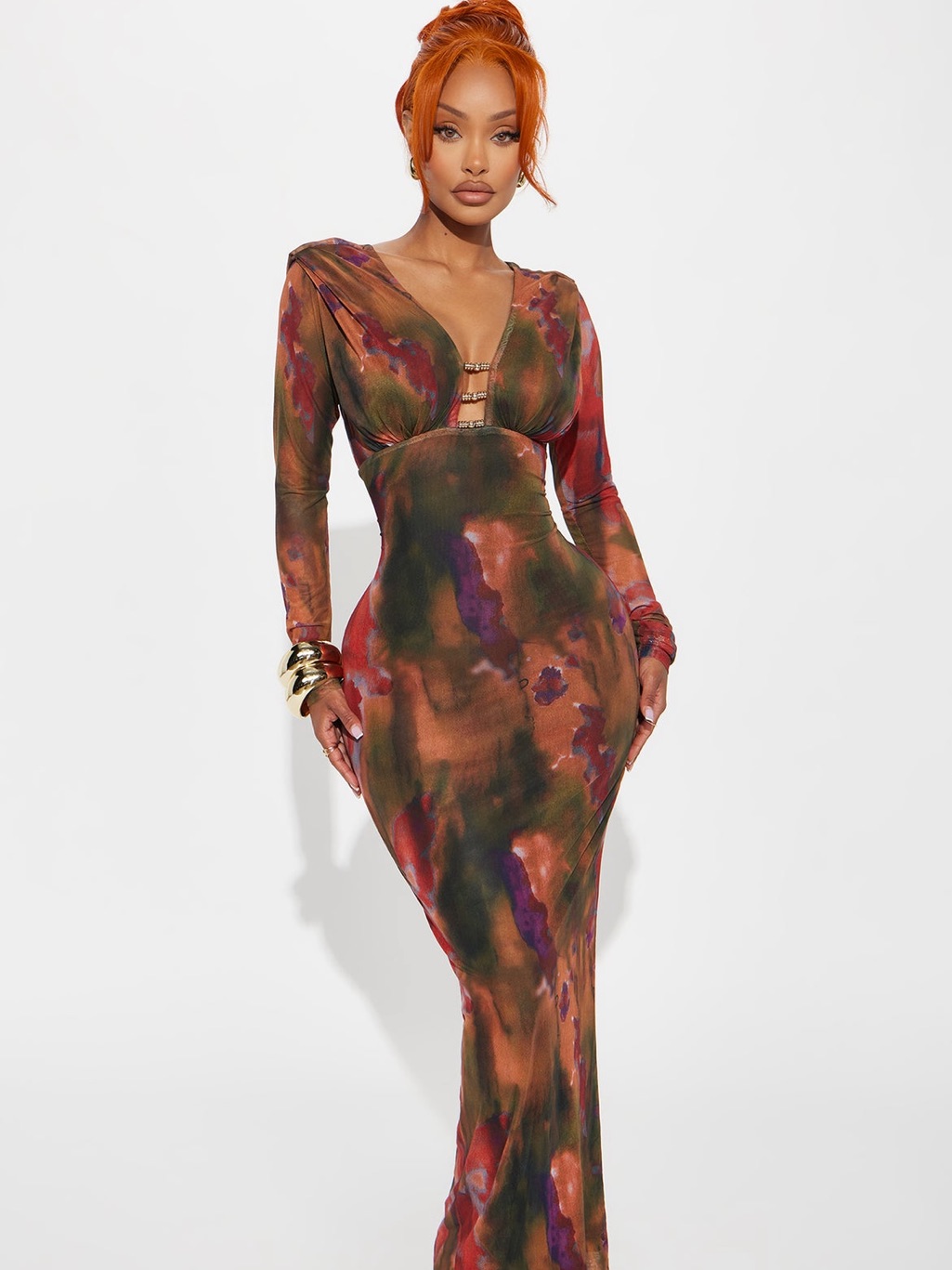 Fashion Nova Long Sleeve V-Neck Tie-Dye Bodycon Dress - Olive Multiu